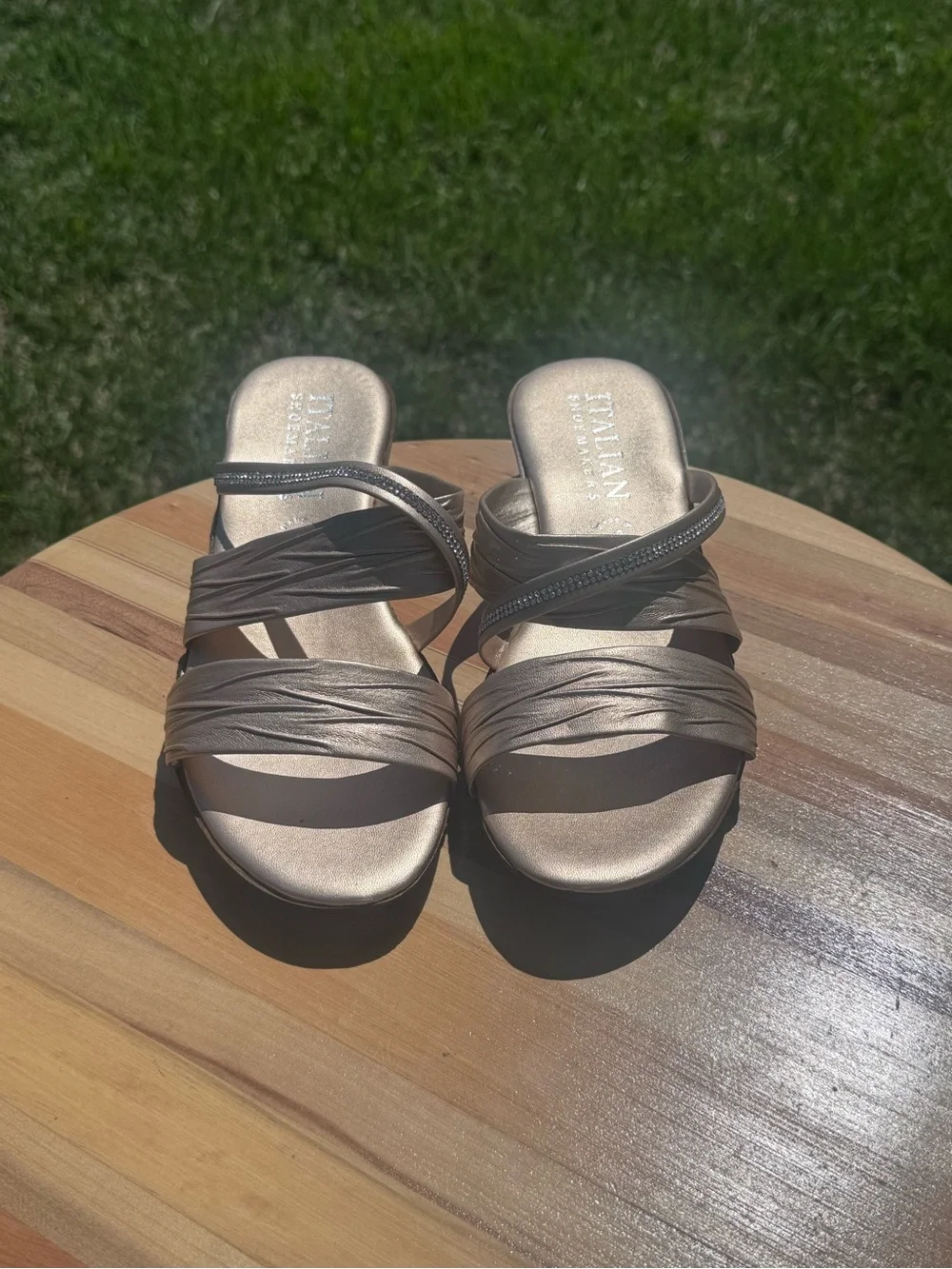 Ladies Italian Shoemakers Platinum Wedge Slide Sandals